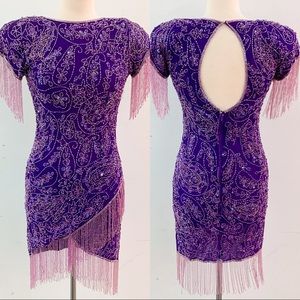 Vintage 1980s Purple Silk Sequin Beaded Fringe Mini Dress, Size M
